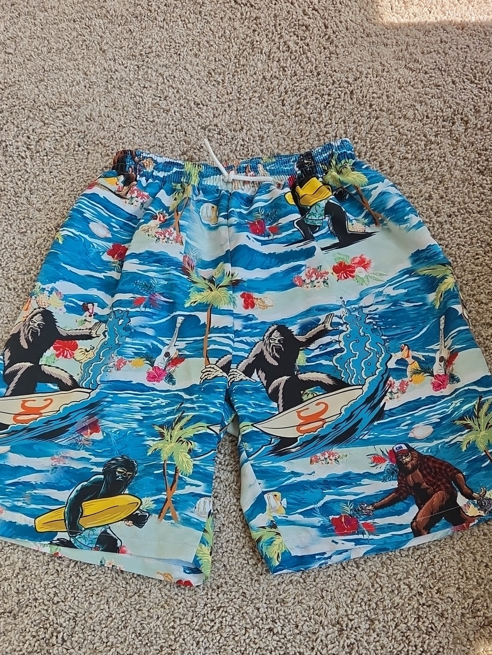 Boys Swim Trunks Hawaiian Island With Sasquatch Bigfoot Pattern Size Large